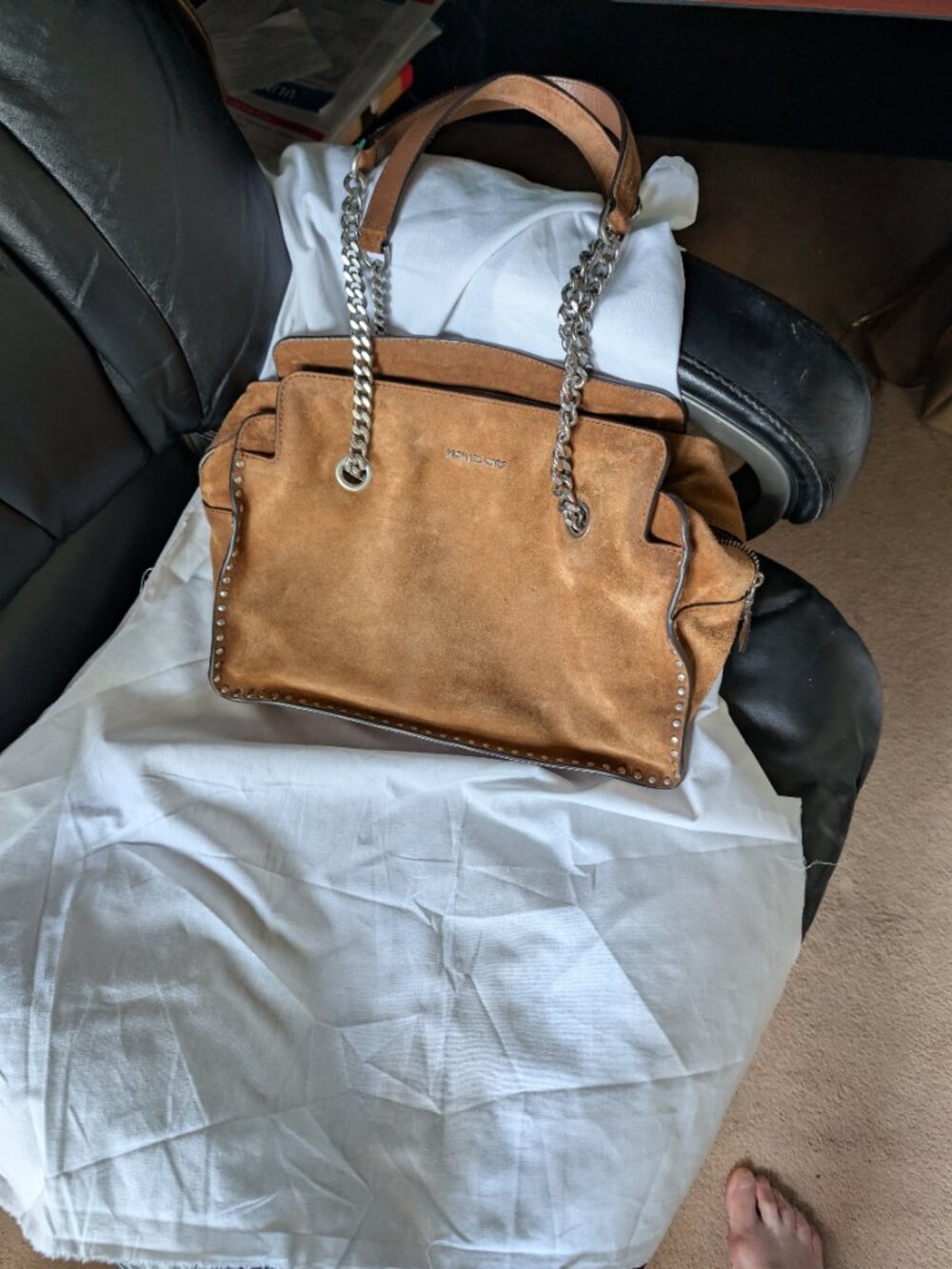 Authentic Michael Kors Brown/Tan Astor Genuine Suede Shoulder Bag - Picture 8 of 10